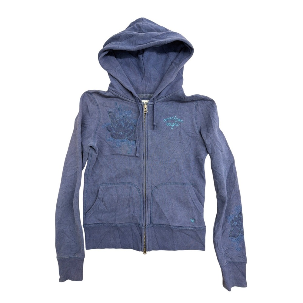 American Eagle Womens XS Blue Floral Embroidered Full Zip Hoodie Athletic Fleece